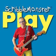 Jim Dague, a white man with short cropped gray hair wears a brightly colored t-shirt and jeans and holds a red electric guitar. In the background are the words ScribbleMonster with Play directly underneath