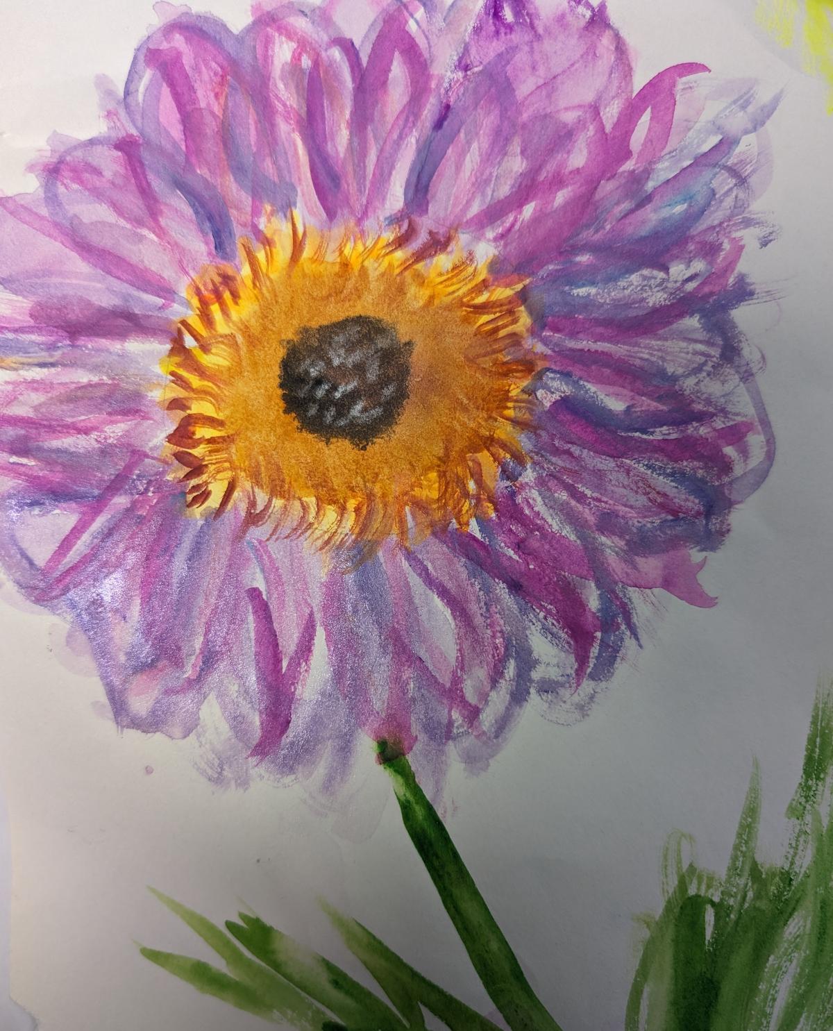 A watercolor  painting of a large purple flower with a gold and dark brown center