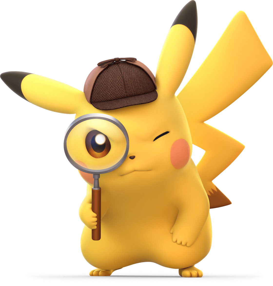 Pikachu, the rabbit-like yellow Pokemon, wears a brown detective cap and holds up a magnifying glass.