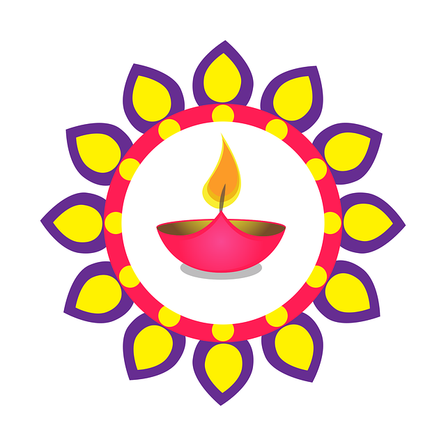 A bright illustration of a lit candle in a bowl, surrounded by a decorative ring of flame shaped petals