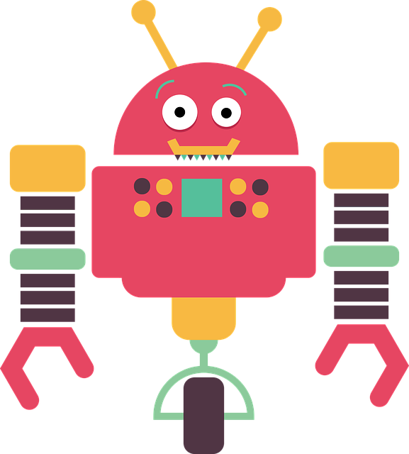 A cartoon illustration of a round robot with springy arms that is mounted on a single wheel.