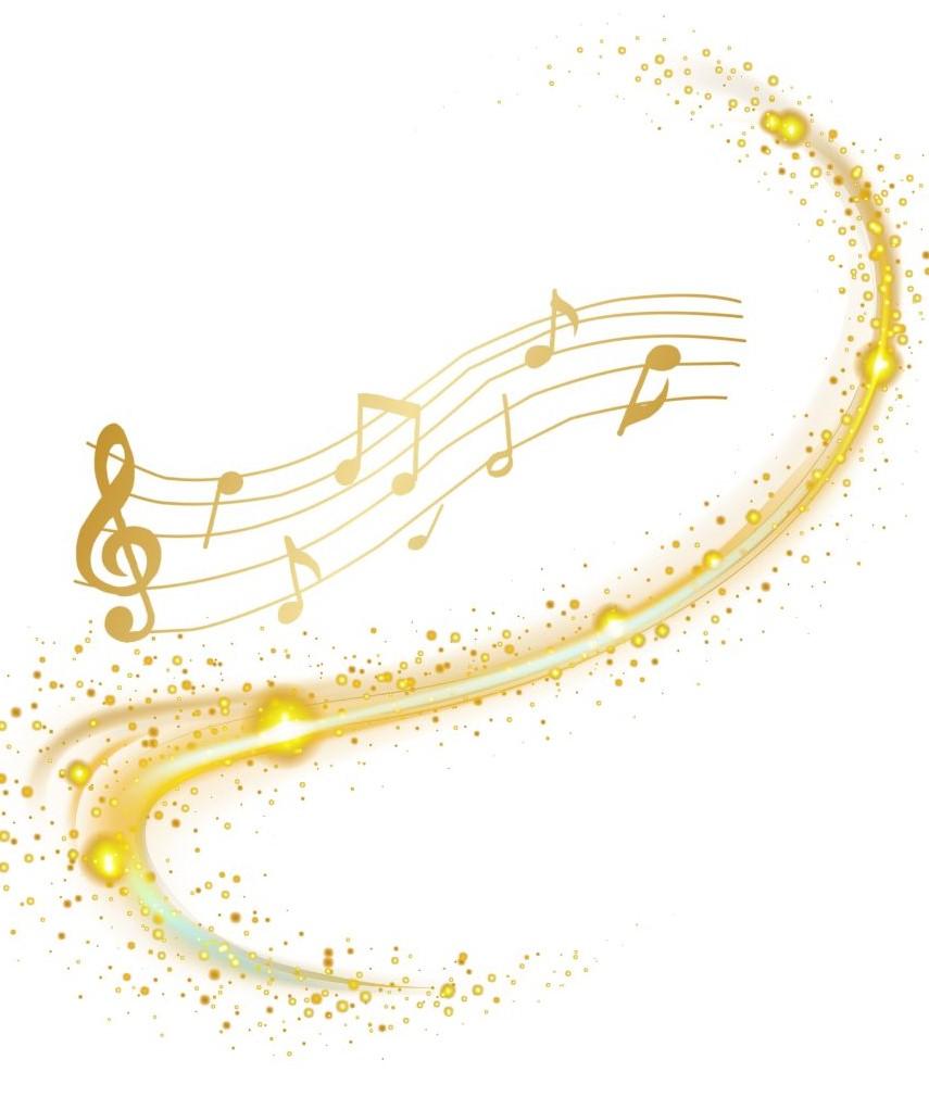 Illustrated images of a sparkly gold swish with golden music notes and staff floating above it