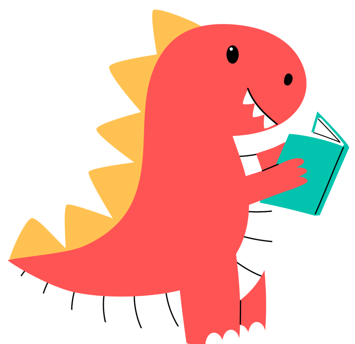 Cartoon illustration of a cute spiky T-Rex adjacent dinosaur smiling and reading a book.