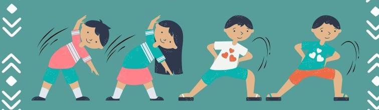 Illustration of four black-haired children dancing and stretching