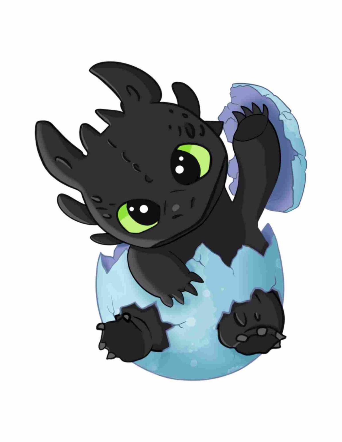 Cartoon drawing of a baby black dragon with green eyes coming out of a light blue egg.