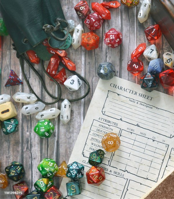 a roleplaying character sheet with colorful dice scattered over it