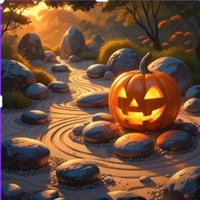 zen garden at sunset with a jack o'lantern in the foreground