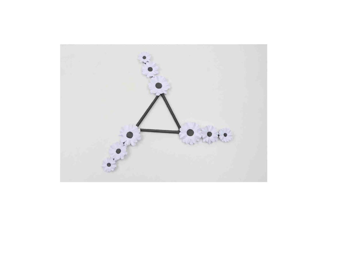 White paper flowers with a black center on a black triangle frame.