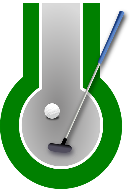 Illustration of a mini golf hole, a putter, and a golf ball as seen from above.